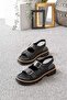 Hanımsoller Women's Merlin Black Skin Double Strap Vardola Detailed Sandals - 5