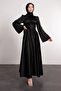 Spanish Sleeve Waist Wrapped Satin Hijab Evening Dress Black - 5