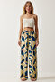 High Waist Summer Loose Viscose Trousers Yellow Navy Blue