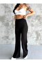 Women's Black High-Waisted Wide-Leg Ribbed Fabric Pants with Front Detail - Stylish Casual Model - 6