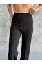 Women's Black High-Waisted Wide-Leg Ribbed Fabric Pants with Front Detail - Stylish Casual Model - 3