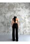 Women's Black High-Waisted Wide-Leg Ribbed Fabric Pants with Front Detail - Stylish Casual Model - 2