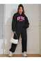 N.Y. Brooklyn Printed Black Hooded Bottom Top Black Oversize Women's Tracksuit Set - 4