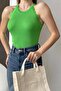 Women's Stretchy Knitwear Fabric Ruffled Sleeveless Basic Green Blouse 0296 - 3