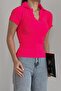Women's Stretchy Knitwear Fabric V-Neck Short Sleeve Basic Fuchsia Blouse 0271 - 4