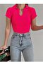 Women's Stretchy Knitwear Fabric V-Neck Short Sleeve Basic Fuchsia Blouse 0271 - 5