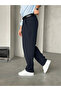 Navy Blue Pleated Baggy Fabric Pants - 2
