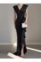 Women's Black Wrap Neckline Ruffled Skirt Prom Wedding Dress - 3