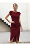 Women's half moon sleeve crew neck side Draped imported crepe dress - 2