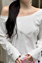 White Women's Off Shoulder Boat Neck Oversize Long Sleeve T-Shirt - 2