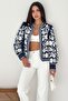 Women's Navy Blue White Floral Embroidered Long Sleeve Chic Jacket - 3