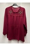 Women's Cotton Ethnic Embroidered Embroidered Tie-Tie Tie-Sleeve Elastic Mother Combed Wide Cut Bluz T-Shirt