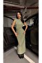 Drape Collar Lined Zippered Gathered Slit Sandy Fabric Khaki Dress - 2