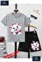 Children's Unisex “Cat Bow Half“ Special Printed Crew Neck T-Shirt - Shorts Set