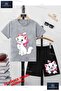 Children's Unisex “Cat Bow Tie Side Standing“ Special Printed Crew Neck T-Shirt - Shorts Set
