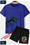 Children's Unisex “Dinosaur Green Patterned Side“ Special Printed Crew Neck T-Shirt - Shorts Set