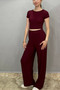 Women's Bubble Fabric Burgundy Pants-Crew Neck Body Set - 3