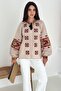 Women's Beige Ethnic Pattern Lace-Up Collar Bohemian Style Long Sleeve Embroidery Embroidered Cotton Blouse - 2