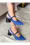 Cindy Cobalt Blue Tweed Fabric Black Leather Detail 5 cm Heel Sandals - 3