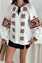Women's White Ethnic Pattern Lace-Up Collar Bohemian Style Long Sleeve Embroidery Embroidered Cotton Blouse