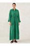Green Crinkled Collared A-Line Maxi Dress with Drawstring Waist
