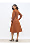 Women Brown Solid Long Sleeve Wrap Midi Dress with Belt Detail - 5