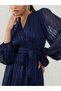 Navy Blue Lurex Wrap Look A-Line Maxi Dress with Tie Detail - 4