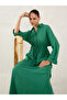 Green Crinkled Collared A-Line Maxi Dress with Drawstring Waist - 8