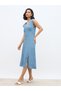 Women Self Design V Neck A-Line Midi Dress with Slit Detail - 3
