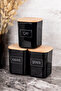 Set of 3 900ml Black Acrylic Tea Sugar Coffee Label Storage Container Storage Box with Wooden Vacuum Lid