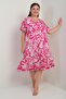 Women's V-Neck Mixed Leaf Pattern Pocket Skirt Ruffle Plus Size Dress - 3
