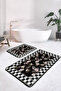 Floral Checkered Black and White Ethnic Patterned 2-Piece Non-Slip Base Washable Bath Mat Set