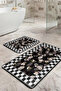 Floral Checkered Black and White Ethnic Patterned 2-Piece Non-Slip Base Washable Bath Mat Set - 4