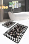 Floral Checkered Black and White Ethnic Patterned 2-Piece Non-Slip Base Washable Bath Mat Set - 3