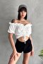 Madonna Collar Front Gathered Seersucker Fabric Short Sleeve Crop Blouse - 6