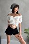 Madonna Collar Front Gathered Seersucker Fabric Short Sleeve Crop Blouse - 3