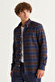 Men's Navy Blue-Brown Slim Fit Slim Fit Button Collar 100% Cotton Lumberjack Shirt