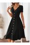 Dressify Women’S Fashion Women's Short Sleeve V-Neck Front Buttoned A-Line Woven Dress - 5