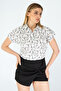 Women's Black Floral Patterned Linen Bat Sleeve Shirt New Season - 6