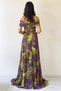 Women's Batik Print Patterned Tulle Evening Dress with Madonna Neckline Purple, Plum, Cobalt Blue, Green - 7