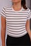 Women's Striped Crew Neck Lycra Short Sleeve Body Crop Blouse - 2