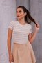 Women's Striped Crew Neck Lycra Short Sleeve Body Crop Blouse - 2
