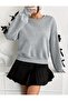 Women's Black Ribbon and Bow Sleeved Crew Neck Gray Sweatshirt - 3