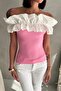 Gathered Madonna Collar Ruffled Stretchy Corded Fabric Slim Fit Stylish Blouse - 3