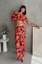 Orange Floral Print Madonna Collar Ruffled Crop and Elastic Waist Wide Leg Summer Two-Piece Set - 3