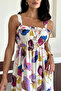 Women's Lilac Patterned Strappy Gipeli Cotton Premium Woven Dress with Inner Underskirt Lining - 4