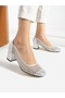 Feles Laser Detailed Stone Women's Classic Heeled Shoes Silver - 2