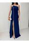 Navy Blue One Shoulder Chain Detailed Fish Evening Dress - 4