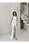 White One Shoulder Chain Detailed Fish Evening Dress - 3