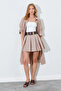 Mink Pleated High-Waisted A-Line Skirt with Belt Detail |   Mks294910-01